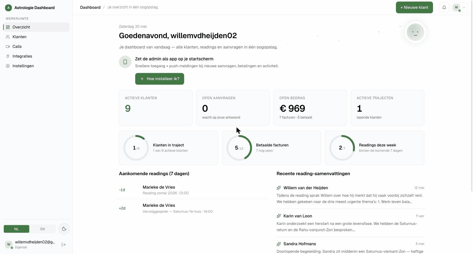 Astrologie Dashboard — overzicht met actieve klanten, openstaande facturen en aankomende readings