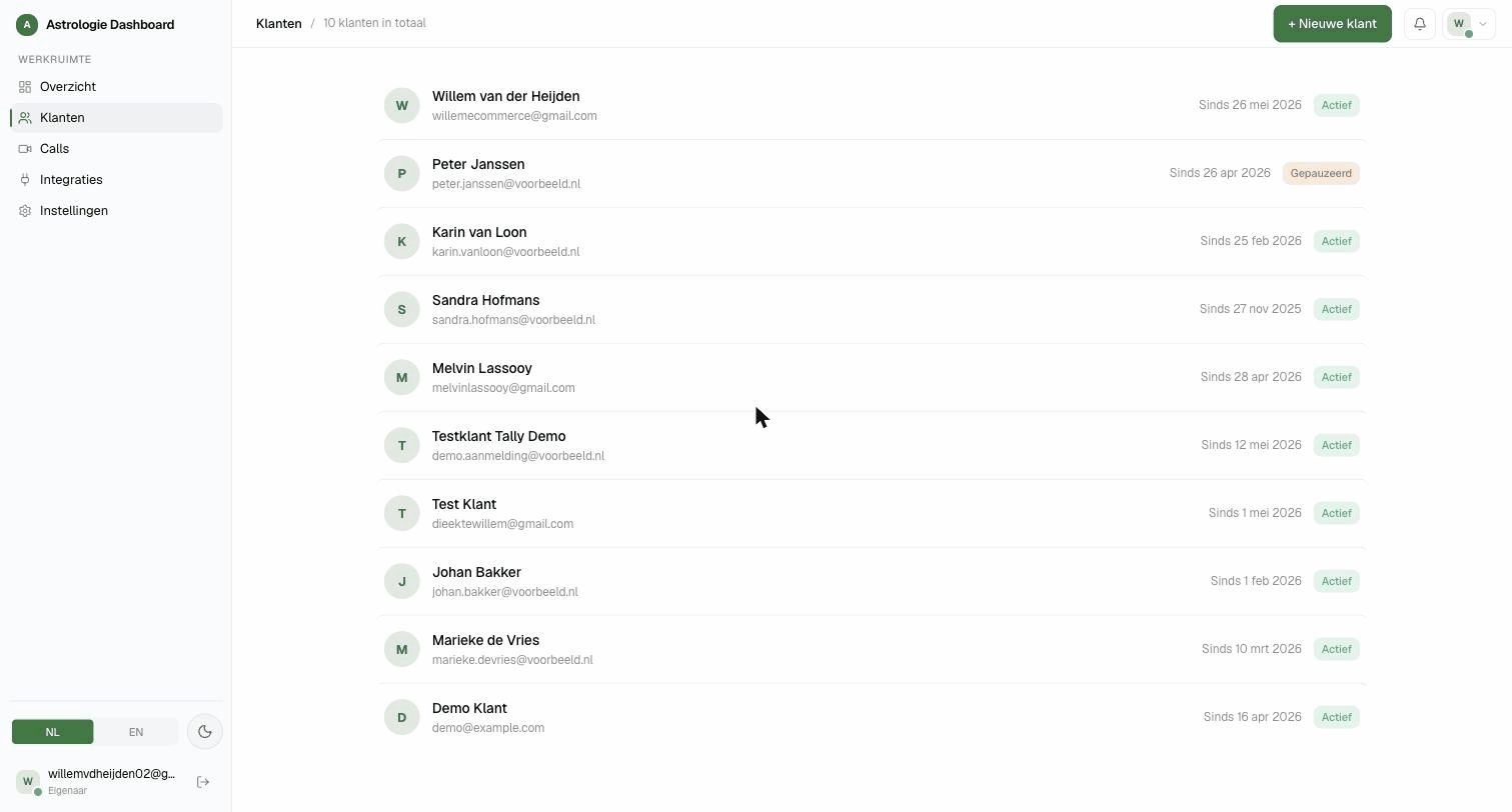 Klantenlijst in het Astrologie Dashboard — 10 actieve klanten met status, startdatum en e-mail