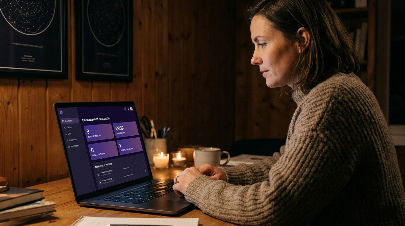 Astrologe achter haar dashboard — sfeervolle werkplek met kaarsen en astrologie-prints