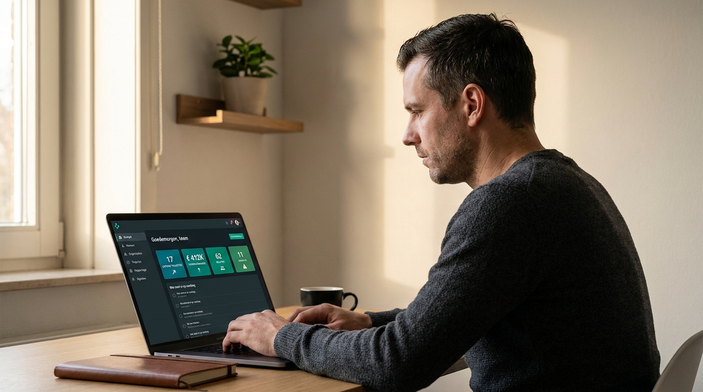 Ondernemer achter zijn dashboard — minimale werkplek met laptop en koffie